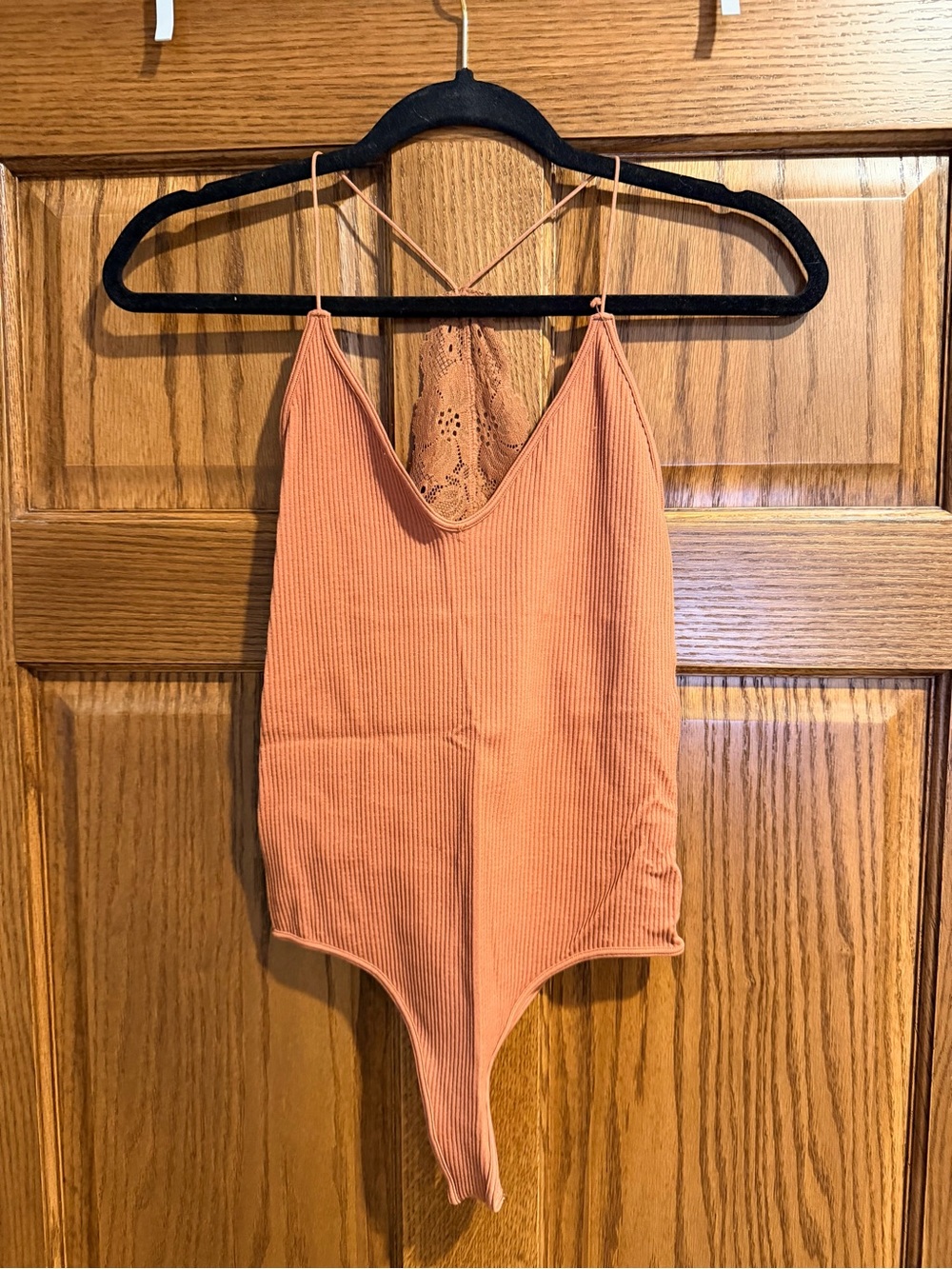 Women’s Ribbed Lace-Back Bodysuit — Peach